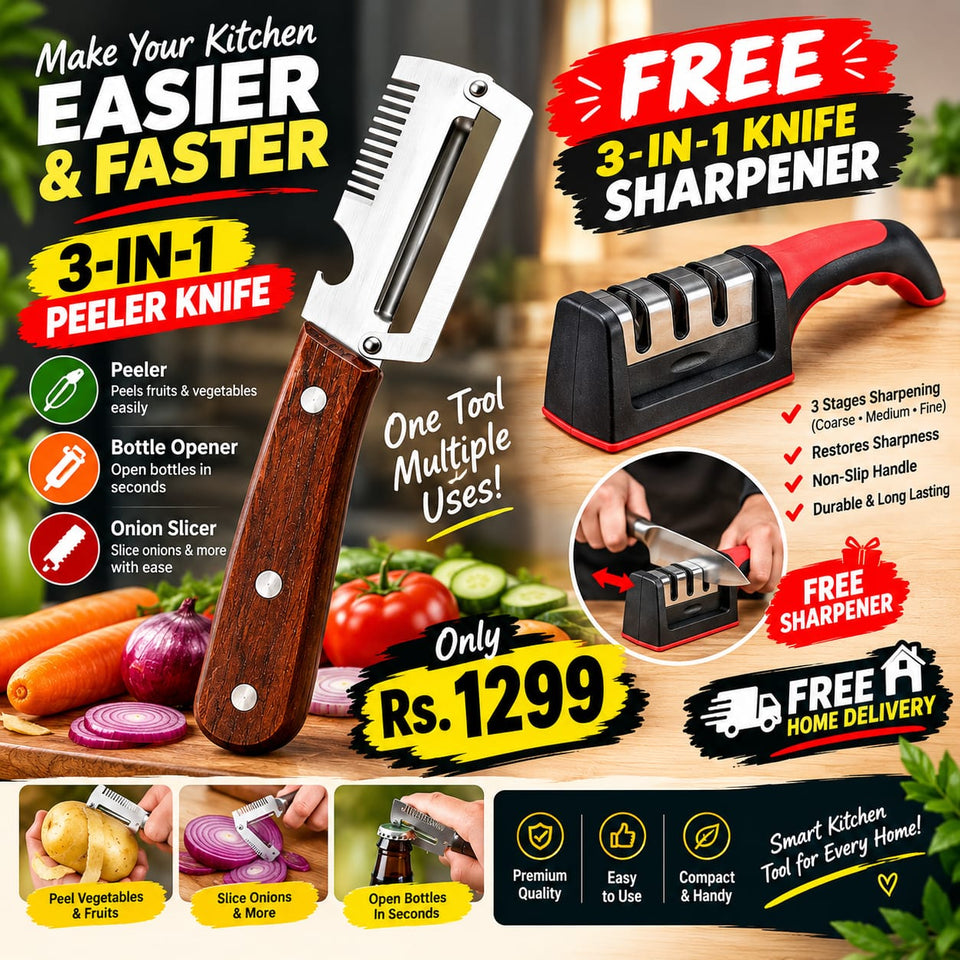 BUY 1 GET 1 FREE, 3 In 1 Peeler Knife Stainless Steel -  3-Stage Kitchen Knife Sharpener