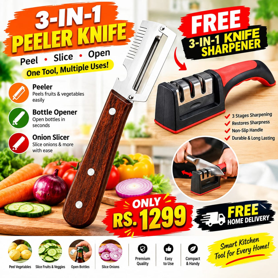 BUY 1 GET 1 FREE, 3 In 1 Peeler Knife Stainless Steel -  3-Stage Kitchen Knife Sharpener